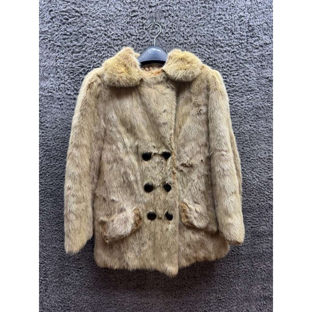 Vintage Double-Breasted Collared Rabbit Fur Peacoat Brown‎ Womens Size S/M